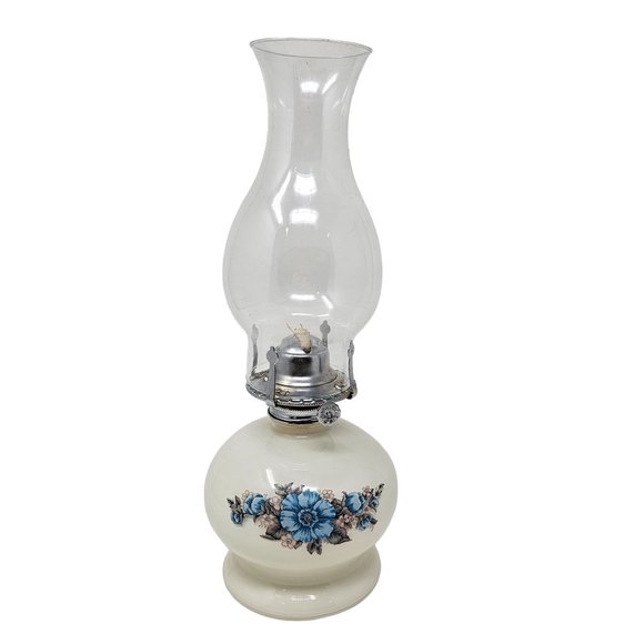 Vintage Lamplight Farms 14.5" Oil Lamp Lantern White Blue Floral Victorian - Picture 1 of 13